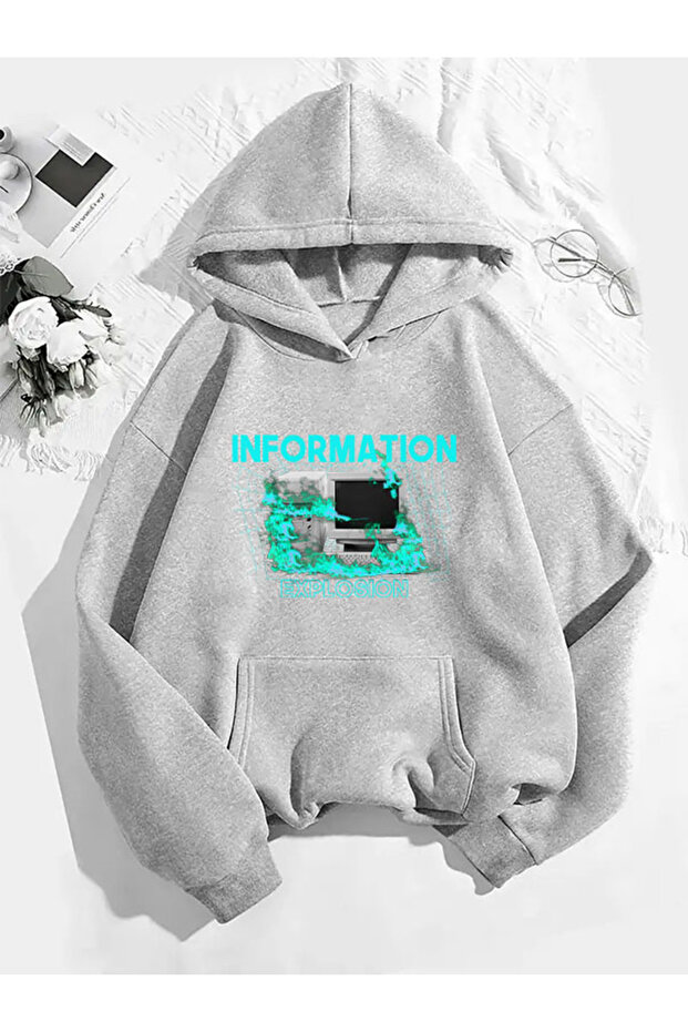 Information Printed Hooded Gray Sweatshirt - 1