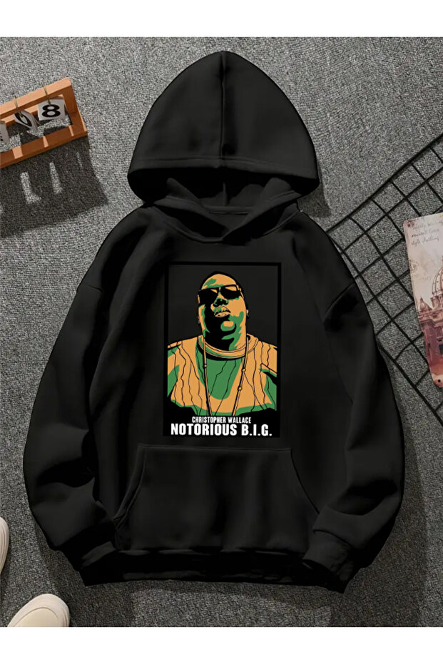 سويت شيرت أسود بقلنسوة مطبوعة من biggie v10