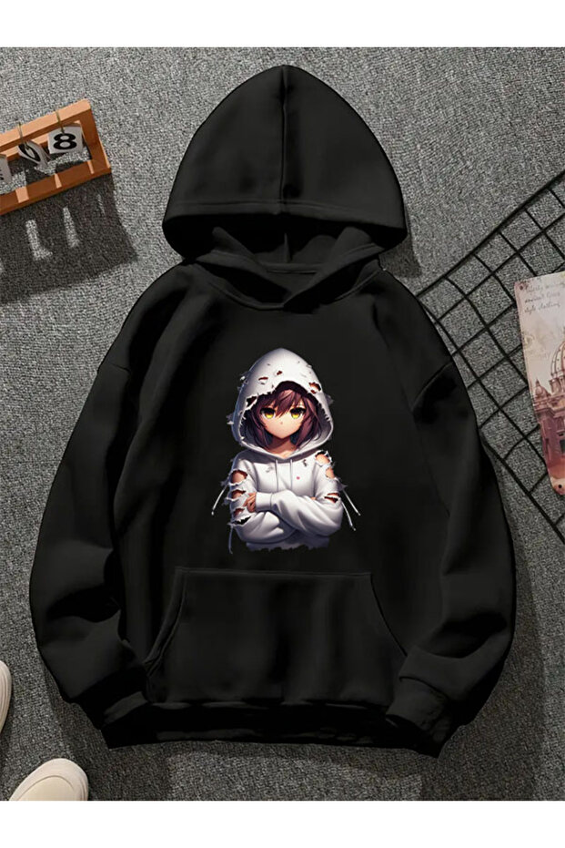 Anime3D Printed Hooded Black Sweatshirt