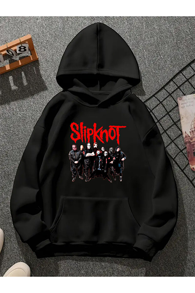 سويت شيرت أسود بقلنسوة مطبوعة من slipknot v1