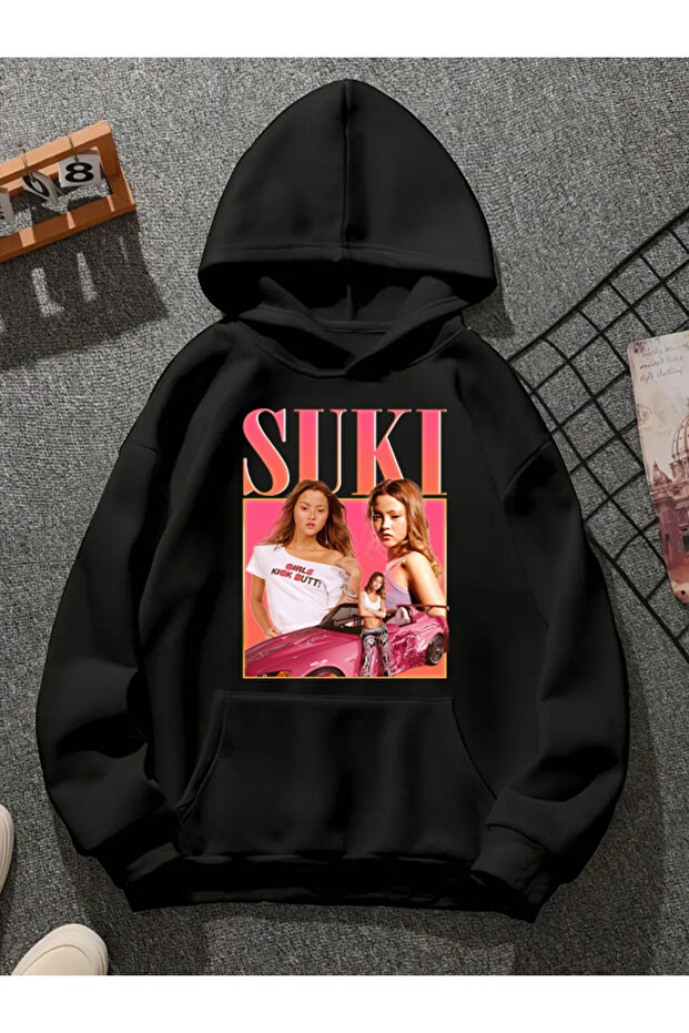 سويت شيرت أسود بقلنسوة مطبوعة من sukı v1