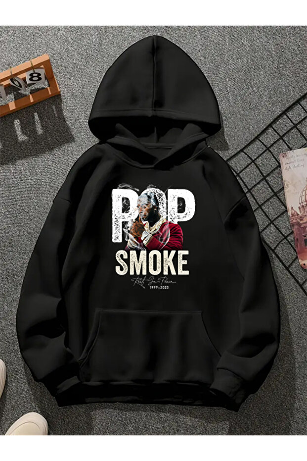 سويت شيرت أسود بقلنسوة مطبوعة من pop smoke v2