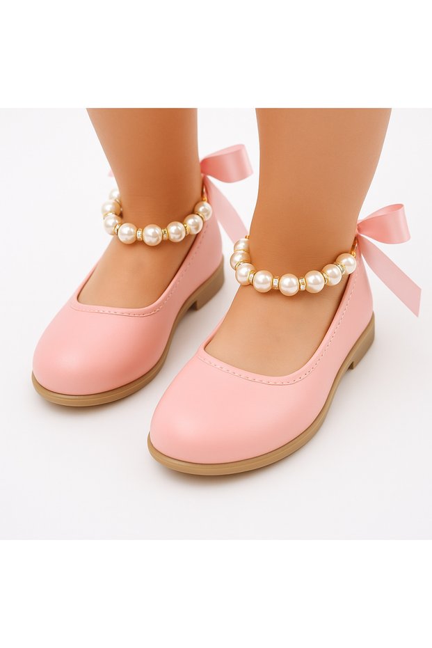 Matte Pink Ankle Pearl Detailed Girls' Ballerinas with Bow Ribbon