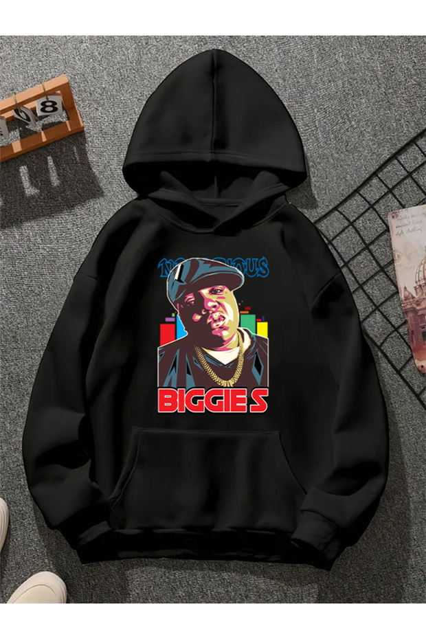 سويت شيرت أسود بقلنسوة مطبوعة من biggie v4