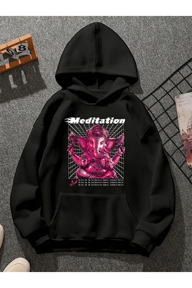 meditation18 سويت شيرت أسود بقلنسوة مطبوعة