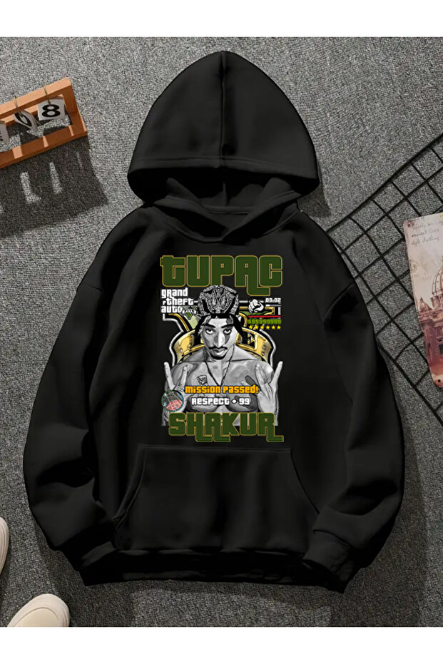 سويت شيرت أسود بقلنسوة مطبوعة من tupac v21 - 1