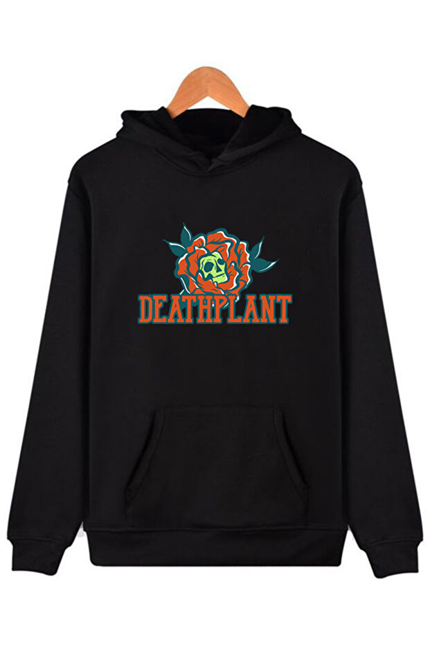 سويت شيرت أسود بقلنسوة مطبوع عليه deathplant