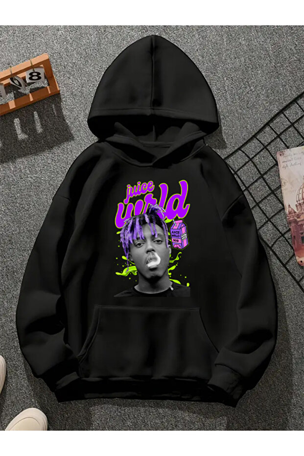Juıce Vrld V4 Printed Hooded Black Sweatshirt