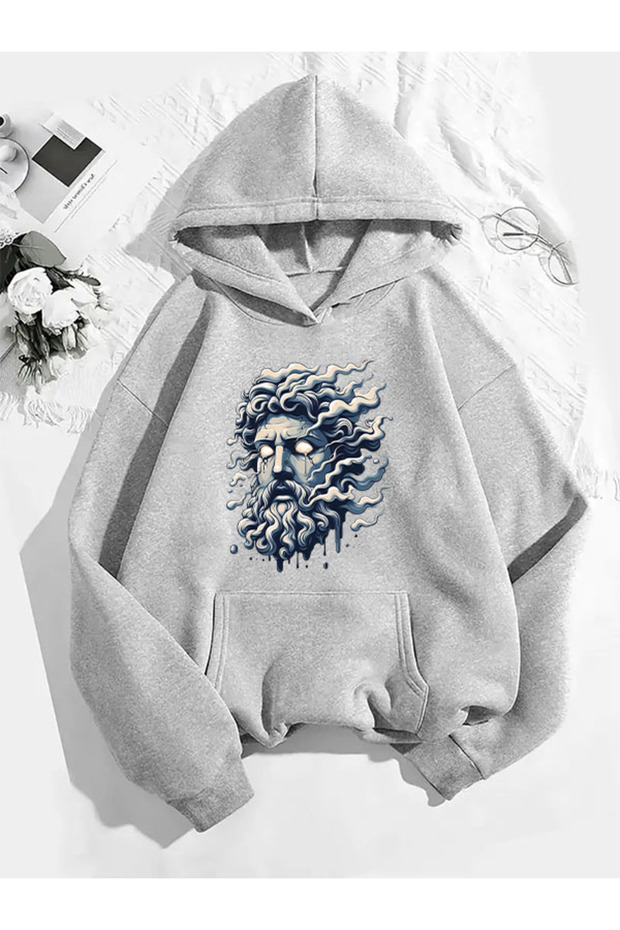 سويت شيرت رمادي بقلنسوة مطبوع عليه زيوس - 1