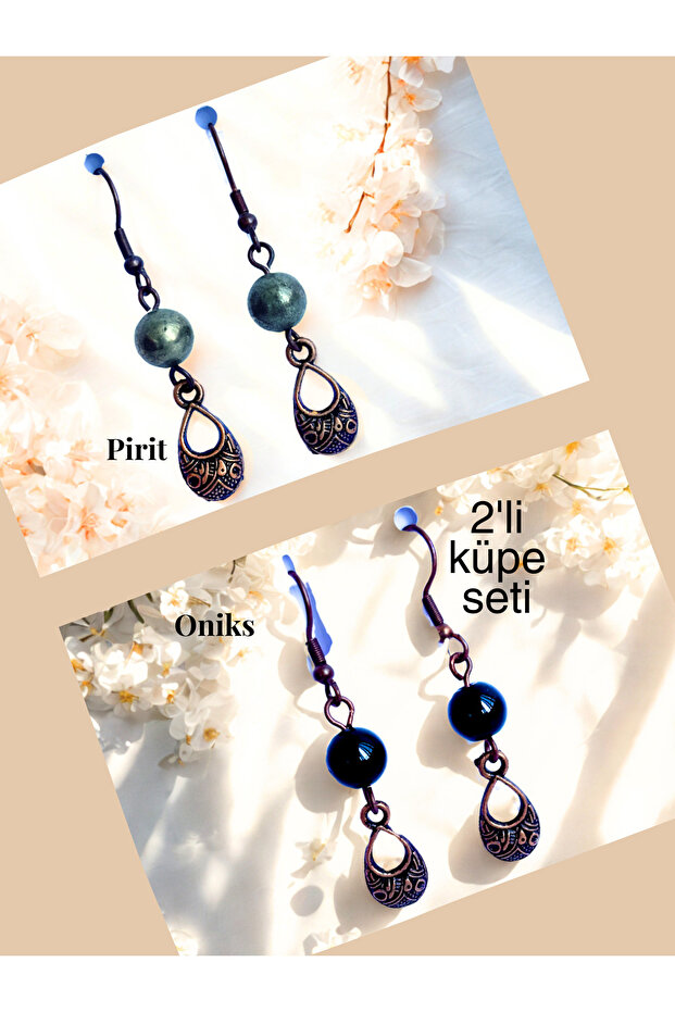 Pyrite & Onyx Natural Stone Bohemian Drop Dangle, Women's 2-Piece Earring Set, Matte Yellow-Black
