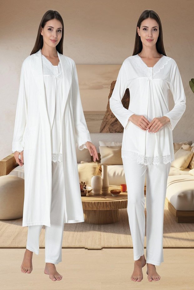 Women's Ecru Design Cotton Maternity Pajama Set 3-Piece Set