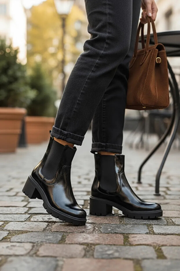 Women's Black Patent Leather Genuine Natural Leather Size 36-41 Thick Heel Chelsea Boots & Booties