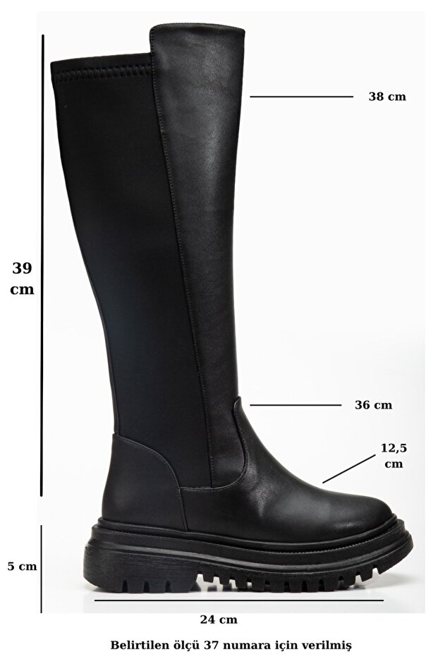 Női fekete bőrcsizma, cipzáras, térd alatti, alkalmi csizma, sztreccs részletekkel - 2