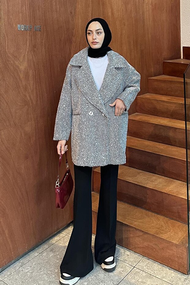 Herringbone Double Breasted Coat Black