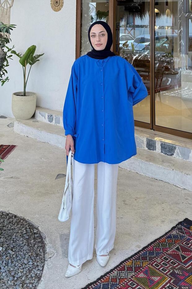 Sleeve Detailed Shirt Oversize Shirt Cobalt Blue