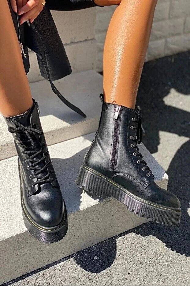 Martines vékony szőrme vízálló téli hócsizma oldalsó varrással, cipzárral, vastag talpú fűzős csizma - 6