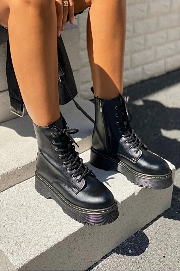 Martines vékony szőrme vízálló téli hócsizma oldalsó varrással, cipzárral, vastag talpú fűzős csizma - 2