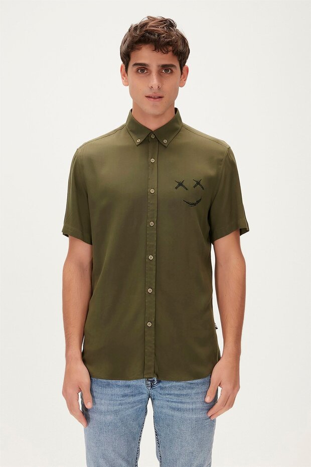 Smile Shirt Khaki Green Short Sleeve Printed Men's Shirt