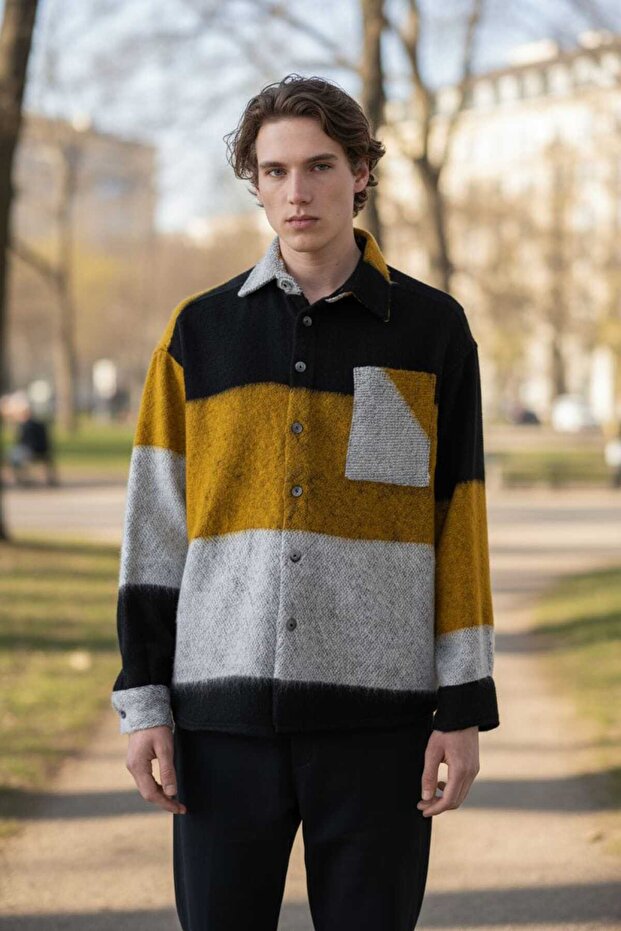 Gri siyah ve sarı renk desenli tam kışlık oduncu gömlek - 5