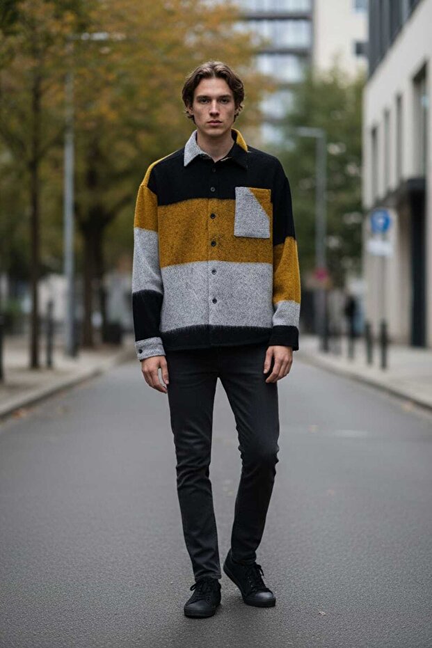 Gri siyah ve sarı renk desenli tam kışlık oduncu gömlek - 7