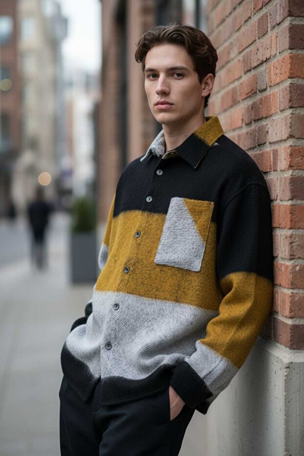 Gri siyah ve sarı renk desenli tam kışlık oduncu gömlek - 1