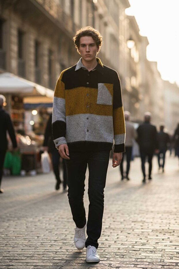 Gri siyah ve sarı renk desenli tam kışlık oduncu gömlek - 6