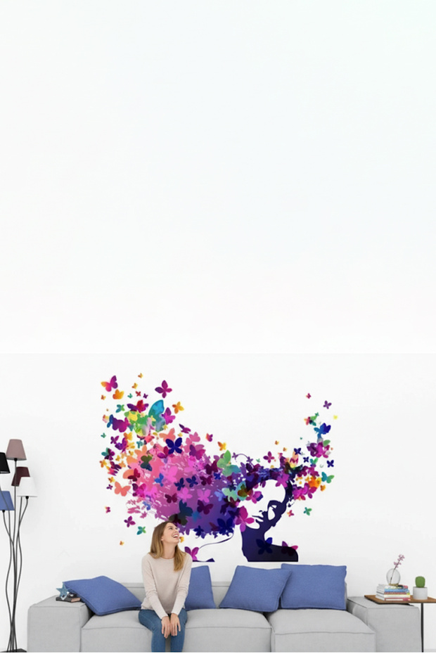 Abstract Woman and Butterflies Living Room and Sitting Room Wall Sticker Set