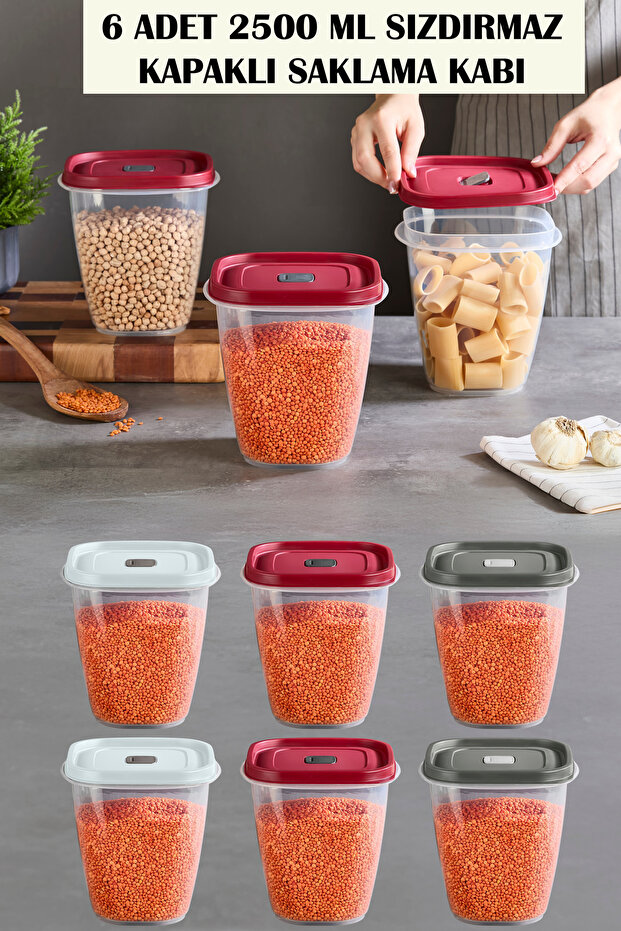6 Pieces of 2500 Ml. Leakproof Lid Storage Container (2 Cream 2 Mink 2 Red)