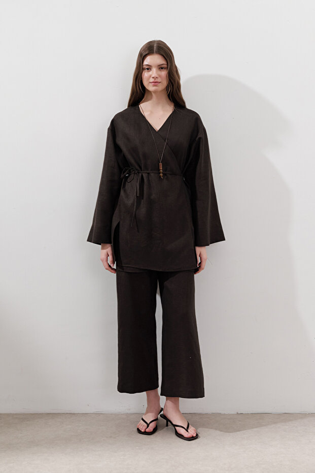 LEN KRUVAZE ZAVÍRACÍ KIMONO HOŘKÁ HNĚDÁ - 5