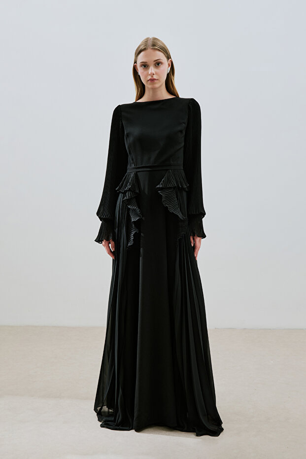 KATLI PİLİSELİ ELBİSE SİYAH - 1