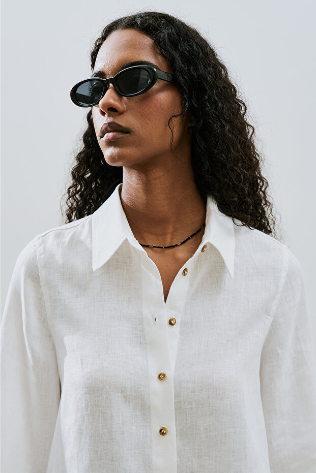 KETEN GENİŞ MANŞETLİ GÖMLEK EKRU - 3