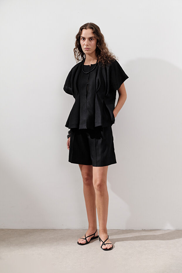 KETEN PİLELİ BERMUDA ŞORT SİYAH - 3