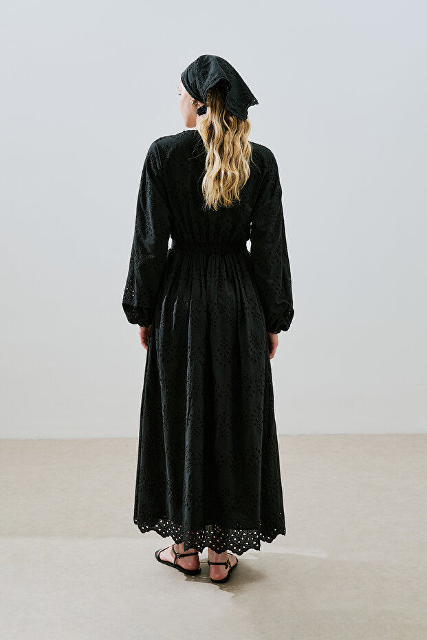 BRODE DÜĞMELİ ELBİSE SİYAH - 7