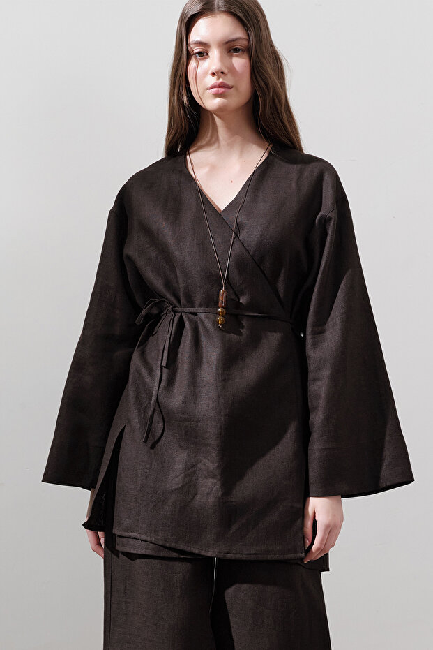 LEN KRUVAZE ZAVÍRACÍ KIMONO HOŘKÁ HNĚDÁ - 3