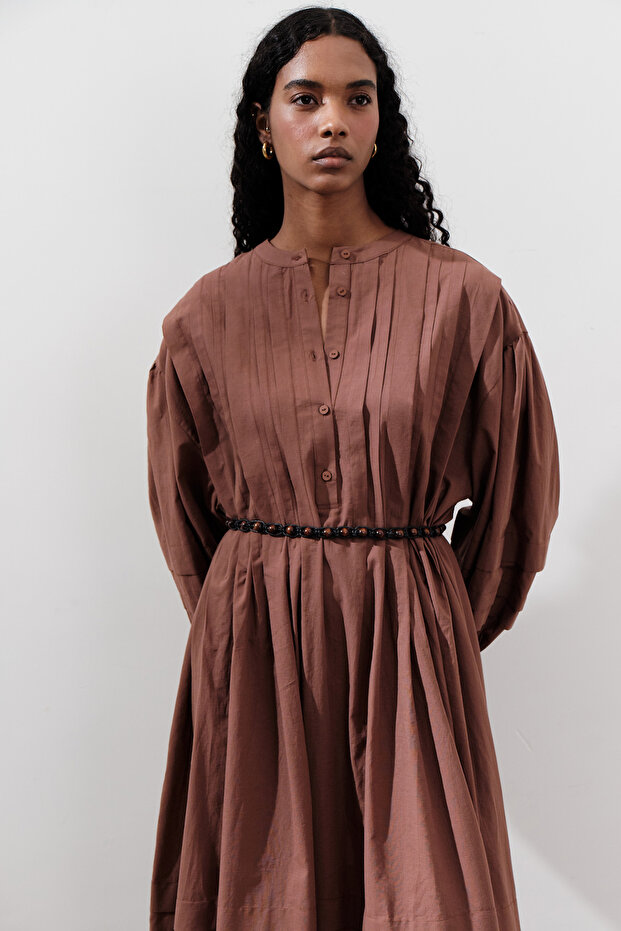 NERVÜRLÜ GENİŞ ELBİSE SICAK KAHVE - 5