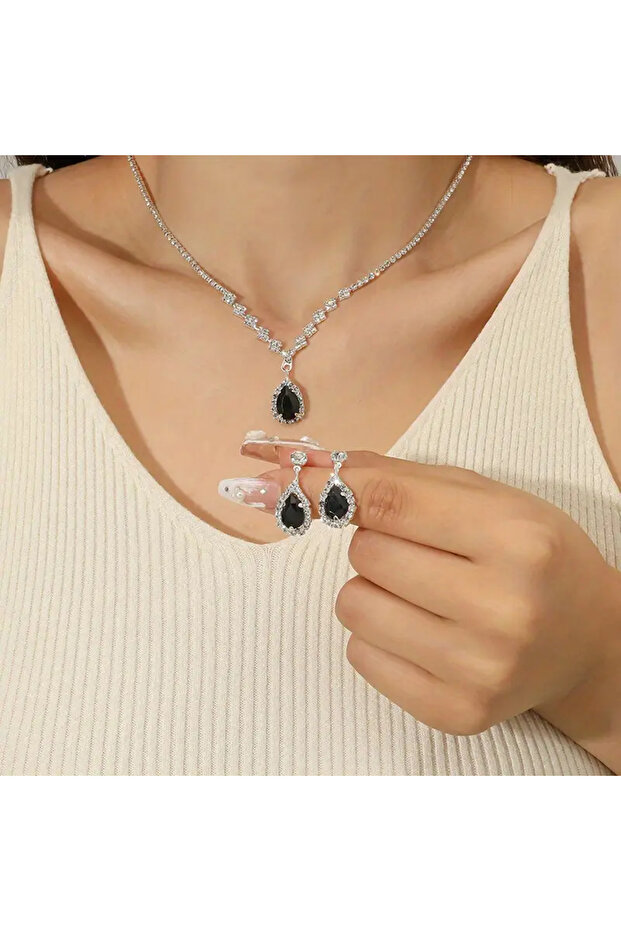 Gümüş Kaplama Su Yolu Zirkon Damla Taşlı Kolye Küpe Seti 2'Lİ Gelin Set Düğün Nişan Davet - 2
