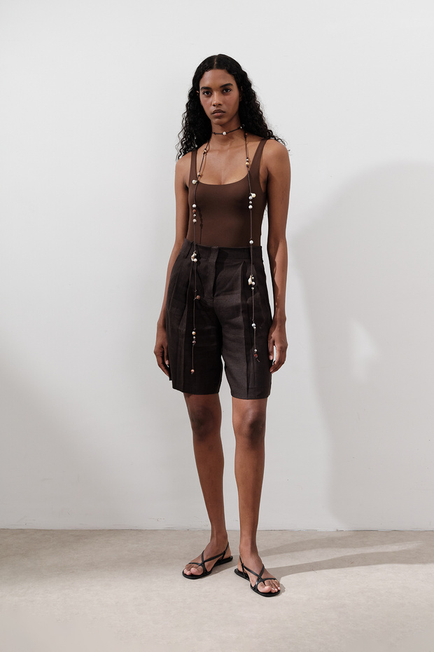 KETEN PİLELİ BERMUDA ŞORT ACI KAHVE - 6