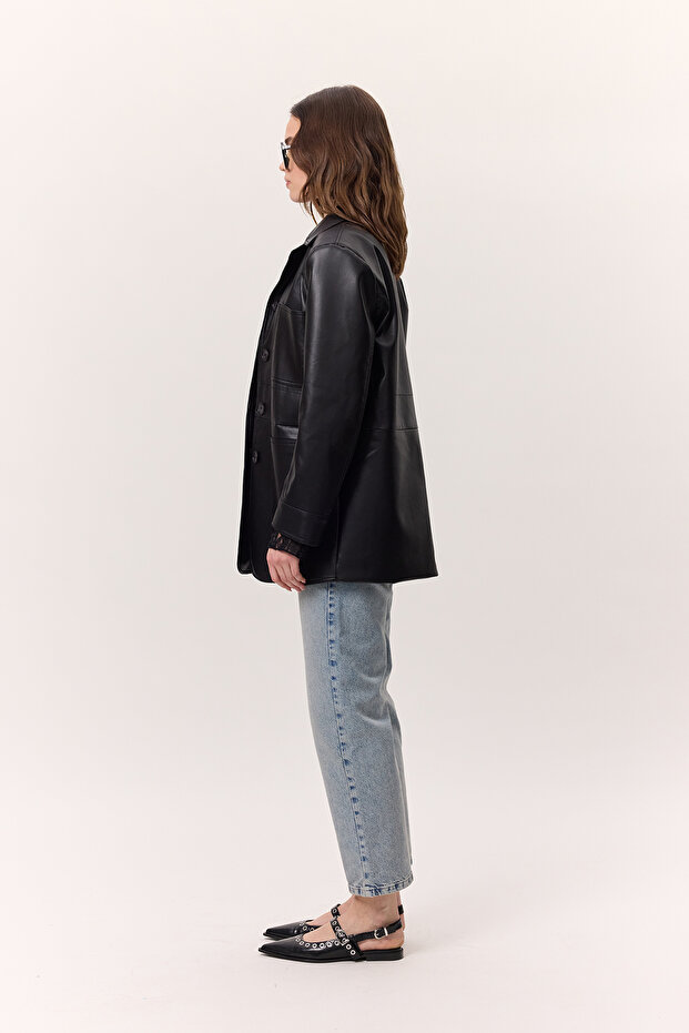 سترة جلدية سوداء الرجعية - 7