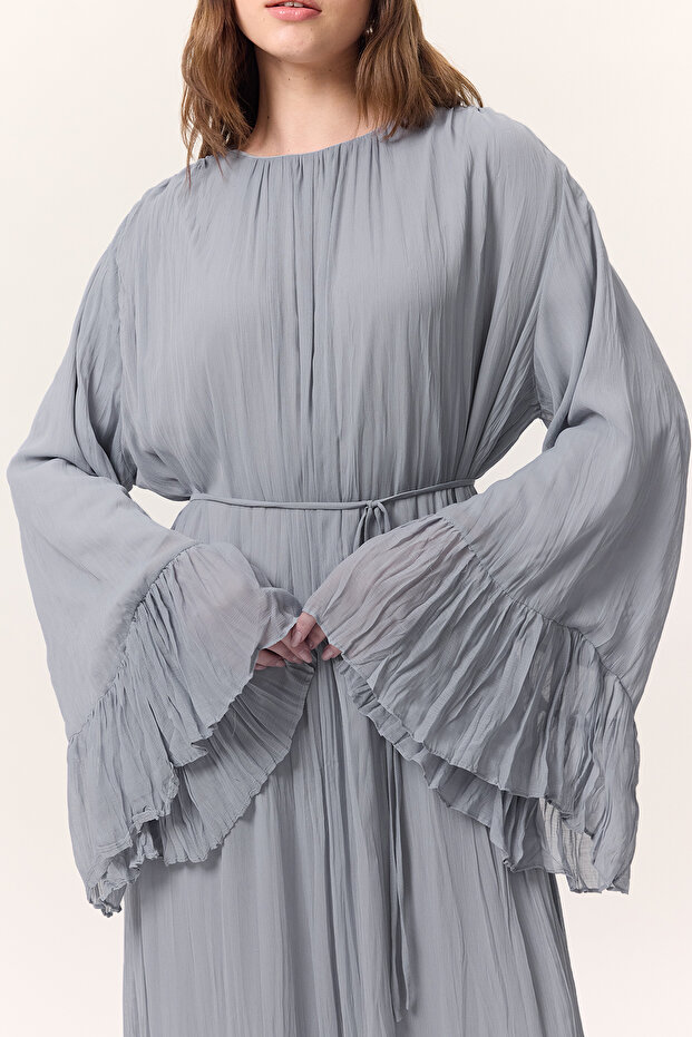 CRUSH PİLİSELİ KATLI UZUN ELBİSE MAVİ - 4