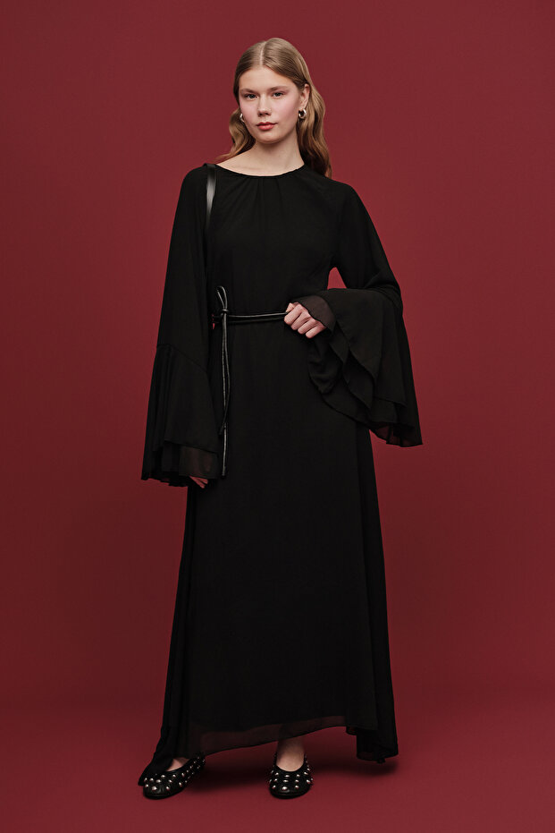 Μαύρο σιφόν φόρεμα Flounced - 1