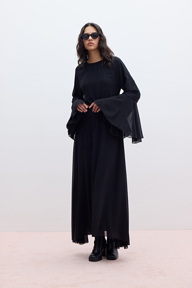 Μαύρο σιφόν φόρεμα Flounced - 4
