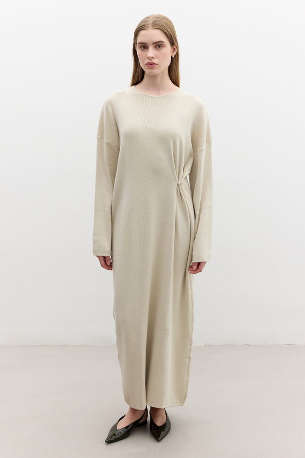 TRİKO BAĞLAMALI ELBİSE BEJ - 4