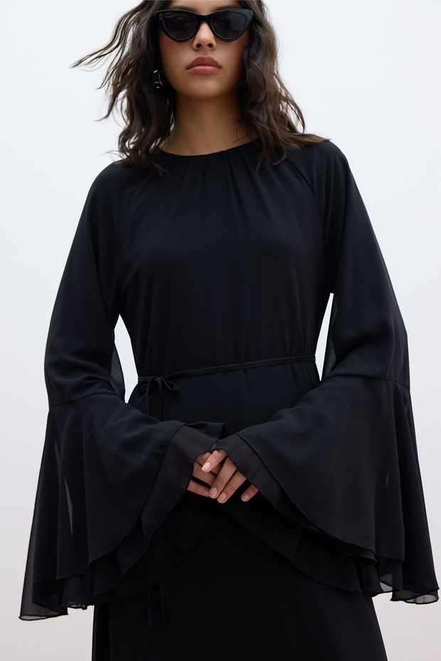Μαύρο σιφόν φόρεμα Flounced - 3