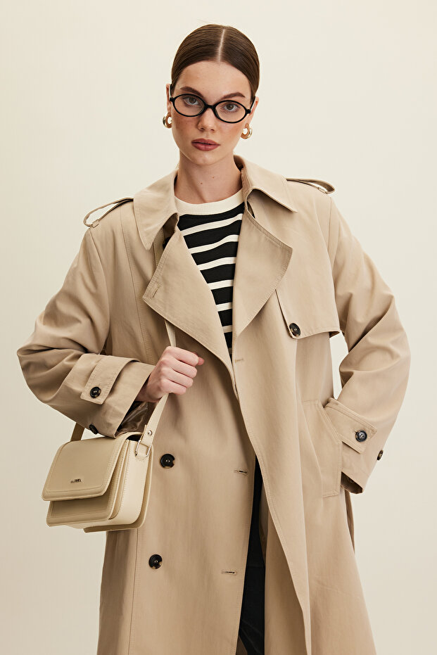 Anika Stone Color Double Breasted Trench Coat with Belt - 4