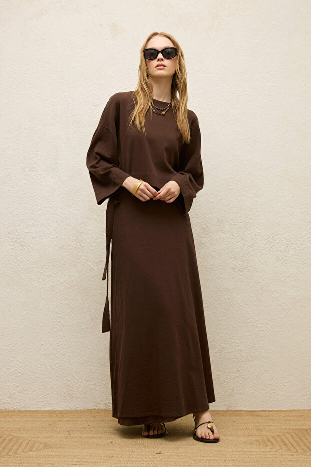 PAMUKLU GENİŞ KOL CROP BLUZ ACI KAHVE - 4