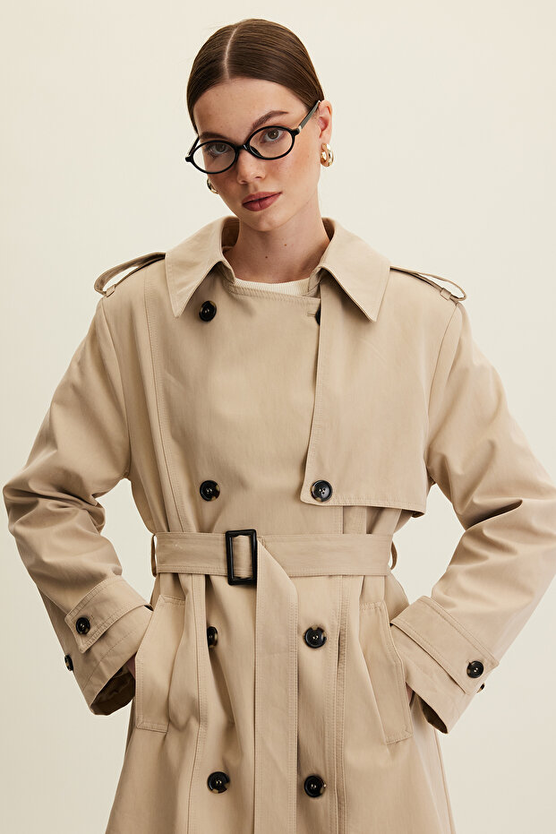 Anika Stone Color Double Breasted Trench Coat with Belt - 3
