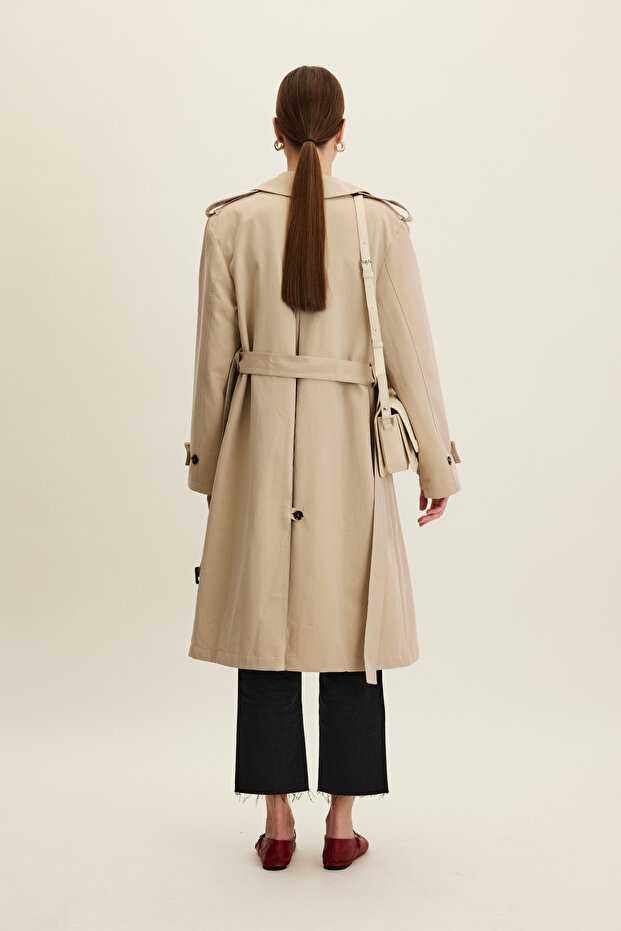 Anika Stone Color Double Breasted Trench Coat with Belt - 7