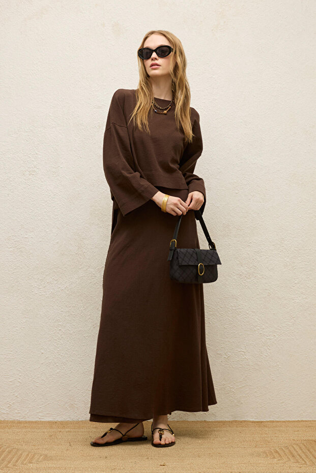 PAMUKLU GENİŞ KOL CROP BLUZ ACI KAHVE - 1