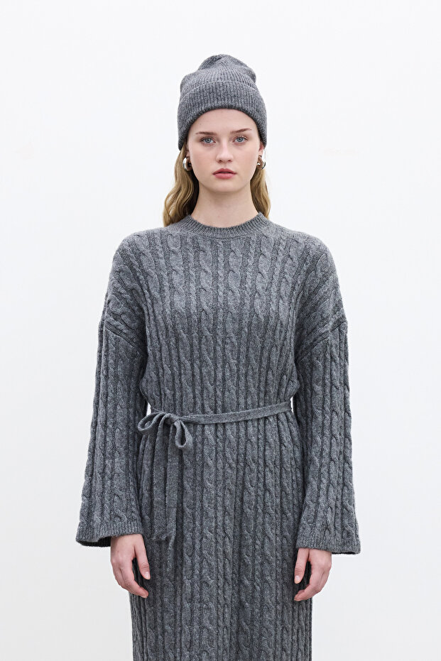 SAÇ ÖRGÜLÜ TRİKO ELBİSE ANTRASİT - 2