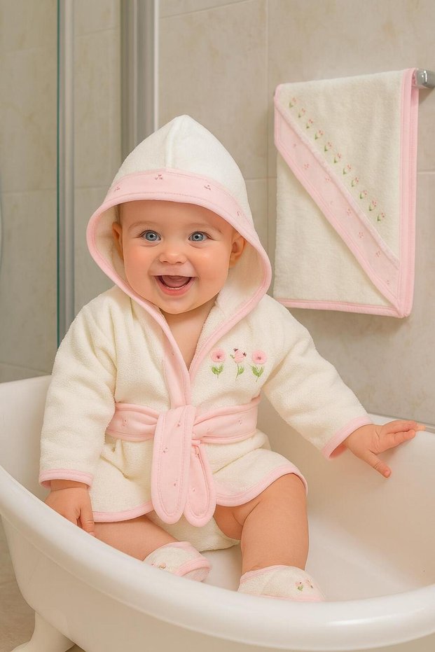 Tiny Tulip Embroidered Baby Girl Towel Bathrobe Set Organic - Suitable for Use from 0-2 Years Old Boxed